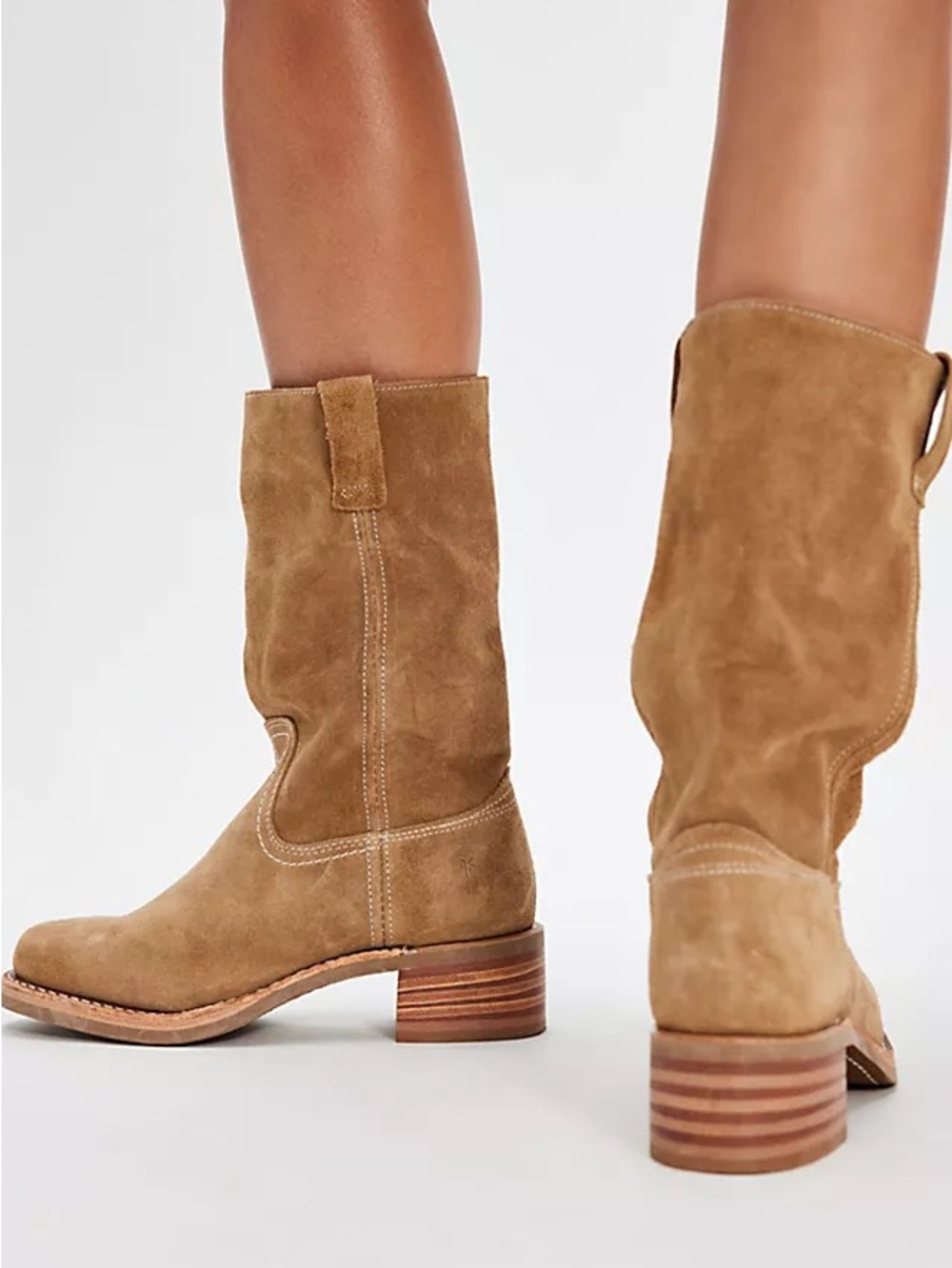 Frye 12L Campus Suede Mid-Calf Western Boots - Tan